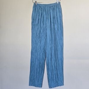 Vintage 80s 100% Silk Washable Blue Crinkle Wide-Leg Pull-On Pants Pockets M